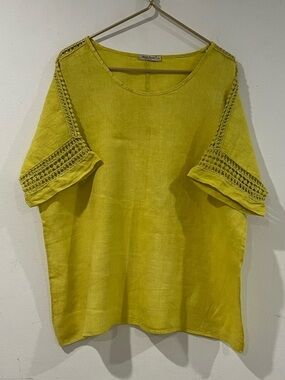 Alessia Pacini Italy Green Linen Top Short Sleeve Crochet Lace BOHO
Size 1X
